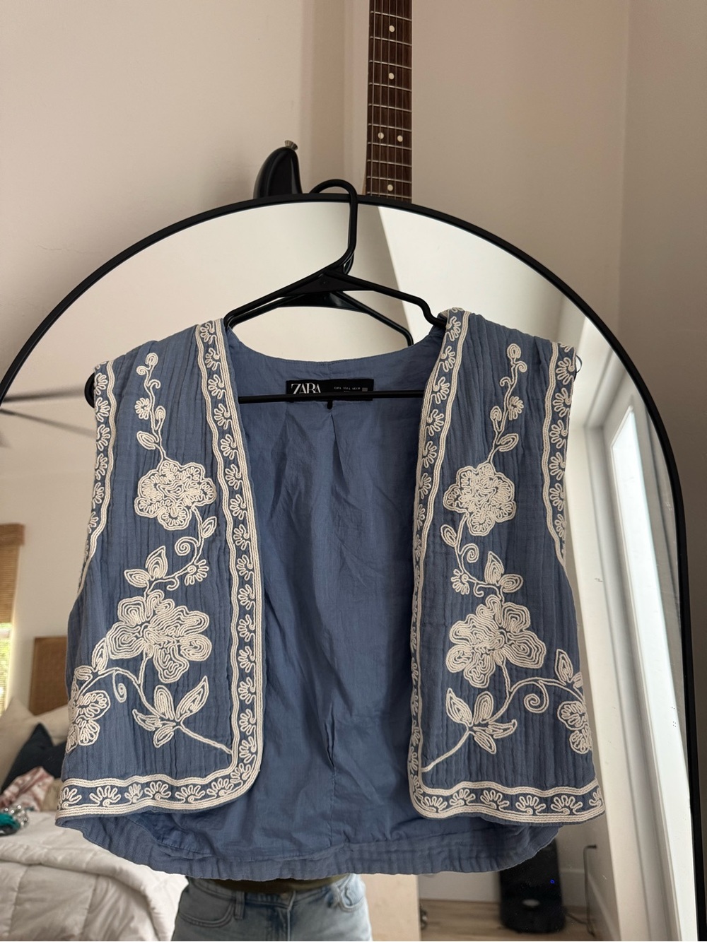 Zara Blue Embroidered Vest with Cream Floral Trim